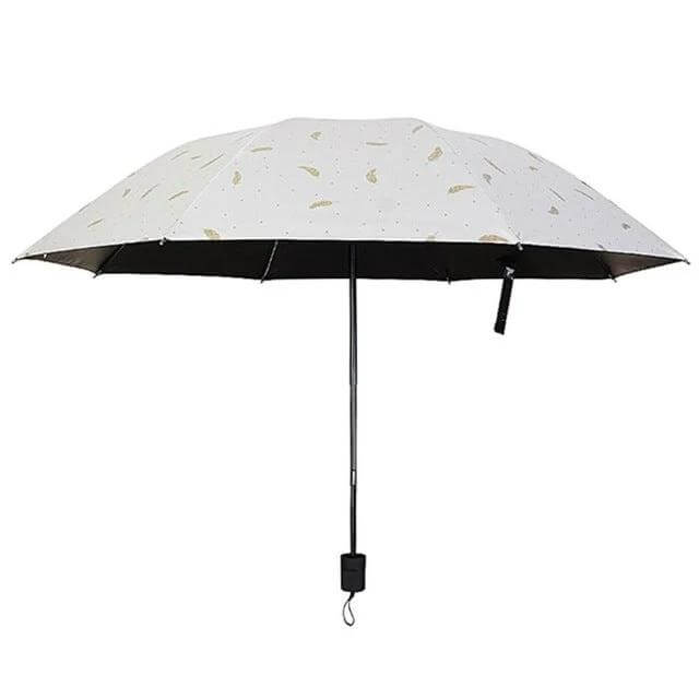 Feather Pattern Three-Folding Umbrella for Rain and Sun Protection - compact white umbrella with gold feather print, manual fold, water-resistant 210T fabric