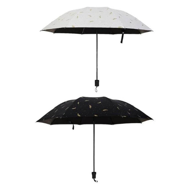 Feather Pattern Three-Folding Umbrella for Rain and Sun Protection — compact manual umbrella with 210T water‑resistant UV fabric, white and black feather print