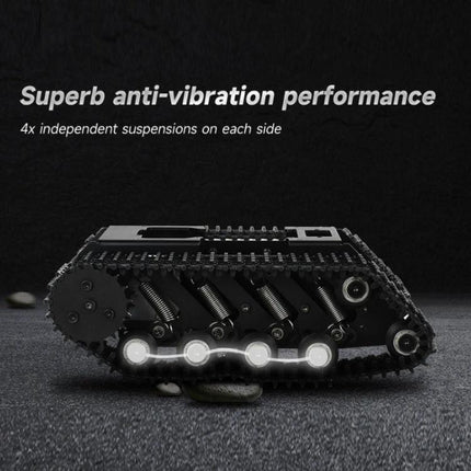 Waveshare Expandable Off-Road Tracked UGV for Exploration showing aluminum alloy chassis with 4x independent suspension and anti-vibration tracks