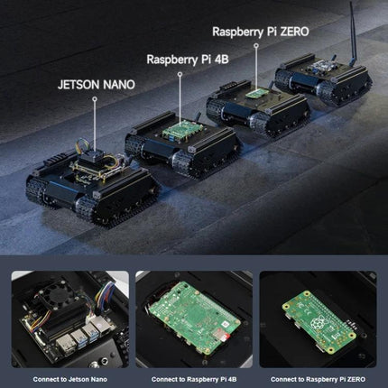 Waveshare Expandable Off-Road Tracked UGV for Exploration with aluminum alloy chassis and independent suspension shown with Jetson Nano, Raspberry Pi 4B, Pi ZERO