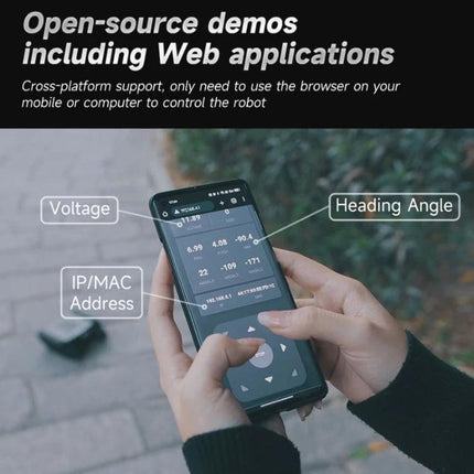 Waveshare Expandable Off-Road Tracked UGV for Exploration web app demo showing voltage, IP/MAC address and heading angle on smartphone