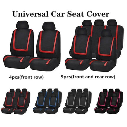 Universal Car Seat Cover 4-Piece Set For Car Interior Protection black and red front row set showing 4pcs and 9pcs options