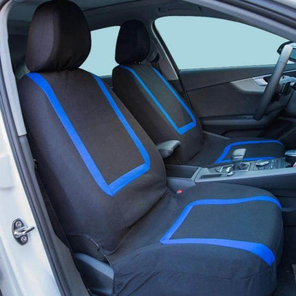 Universal Car Seat Cover 4-Piece Set For Car Interior Protection - black spandex-backed front seat covers with blue trim, breathable 3-layer design