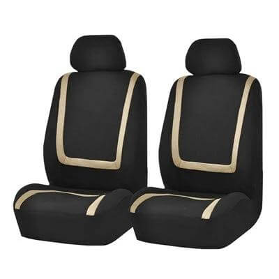 Universal Car Seat Cover 4-Piece Set For Car Interior Protection - black breathable 4-piece front seat covers with beige trim, foam-backed, spandex-backed