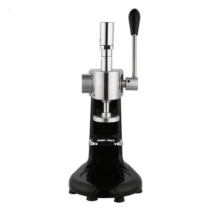 Coffee Tamper Handmade Stainless Steel For Espresso standing manual tamper on black base, smooth finish for consistent home and cafe espresso extraction