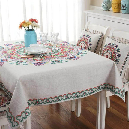 Retro Pattern Linen Table Cloth For Dinner 85x85cm on square dining table with colorful mandala print and coordinating chair cushions