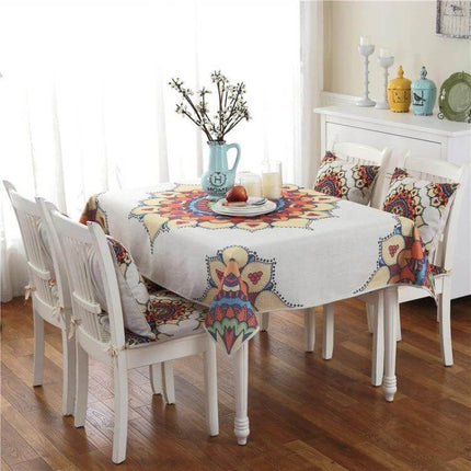 Retro Pattern Linen Table Cloth For Dinner 85x85cm on white dining table with colorful mandala design and matching chair covers