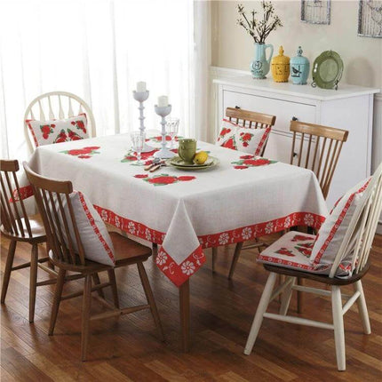 Retro Pattern Linen Table Cloth For Dinner 85x85cm on farmhouse dining table with red floral border and coordinating chair cushions