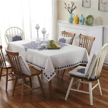 Retro Pattern Linen Table Cloth For Dinner 85x85cm on farmhouse dining table with blue floral print and matching chair covers