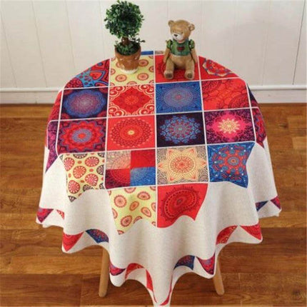 Retro Pattern Linen Tablecloth 110x160cm For Dining on round table with colorful vintage tile patchwork, natural linen texture and thickened protective coating