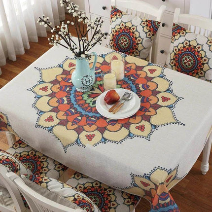 Retro Pattern Linen Tablecloth For Dinner, 140x140 Cm on square table with colorful mandala design, linen texture, candles and tableware