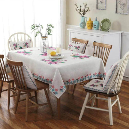 Retro Pattern Linen Tablecloth For Dinner, 140x140 Cm white linen table with pink floral retro pattern and matching chair cushions