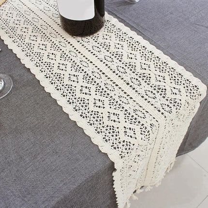Tassel Lace Floral Table Runner Crochet Cotton Blend 24x180cm white crochet table runner with tassel lace on grey table