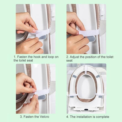 Cozy Washable Toilet Seat Cover for Cold Days - hands fastening Velcro straps and adjusting cover on toilet seat during installation