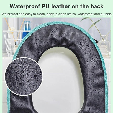 Cozy Washable Toilet Seat Cover for Cold Days showing waterproof PU leather back with teal trim and water droplets