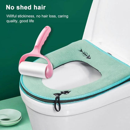 Cozy Washable Toilet Seat Cover for Cold Days on toilet with lint roller showing no-shed hair and zipper closure