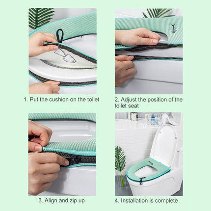 Cozy Washable Toilet Seat Cover for Cold Days - soft zip-on installation steps on a mint toilet seat