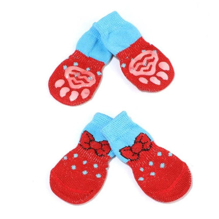 Cozy Socks for Small Dogs and Cats During Indoor Playtime - red non-slip paw print socks with blue cuffs for small pets