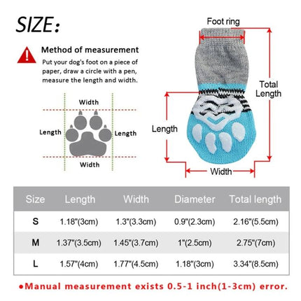 Cozy Socks for Small Dogs and Cats During Indoor Playtime paw measurement and size chart showing length width and total length