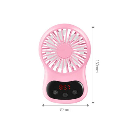 Compact Desktop USB Fan With Built-In Clock – pink compact desk fan with LED clock display, USB powered, 130mm x 70mm for home or study