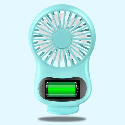 Compact Desktop USB Fan With Built-In Clock in blue-green, compact desk fan with visible battery/clock display for home office use