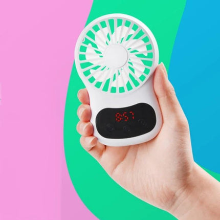 Compact Desktop USB Fan With Built-In Clock handheld white model showing LED time display on colorful background