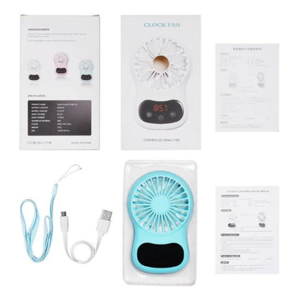 Compact Desktop USB Fan With Built-In Clock in blue with USB cable, lanyard and packaging showing clock display
