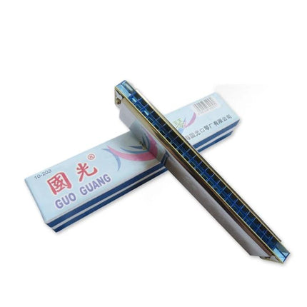 Harmonica for Daily Relaxation and Music Practice at Home showing metal harmonica with case on white background