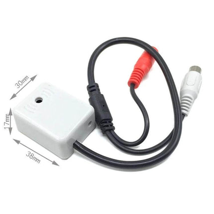 Universal Sound Collector for Room and Vehicle Monitoring compact white audio monitoring device with RCA and power cables, 38x30x17mm