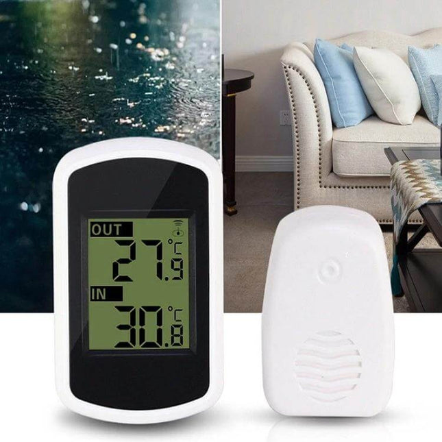 Mini Wireless Indoor Outdoor Thermometer For Home Use - compact wireless thermometer showing indoor 30.8°C and outdoor 27.9°C with transmitter