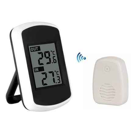 Mini Wireless Indoor Outdoor Thermometer For Home Use digital indoor receiver and wireless outdoor sensor showing 29.6°C out and 27.3°C in