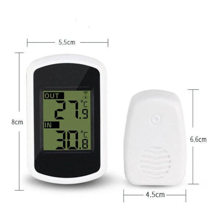 Mini Wireless Indoor Outdoor Thermometer For Home Use - compact indoor receiver and outdoor sensor showing in/out temperature display