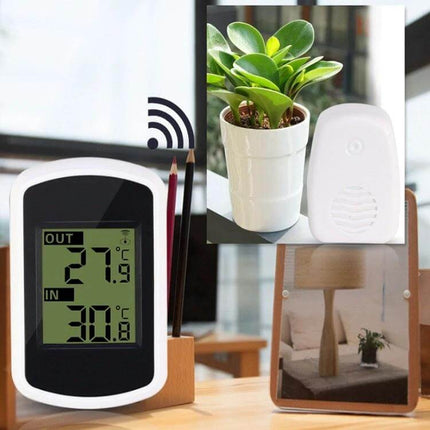 Mini Wireless Indoor Outdoor Thermometer For Home Use compact wireless thermometer with indoor receiver showing indoor/outdoor temps and transmitter