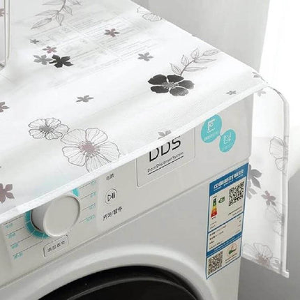 Refrigerator Dust Cover Waterproof Keeps Kitchen Surfaces Clean on top of washing machine, white floral PEVA protector, waterproof dust-proof cover