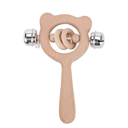 Baby Puzzle Wooden Rattle With Bear Bell For Babies wooden beech toy rattle with two bells and ring beads, 10x4.5cm, natural finish for auditory development