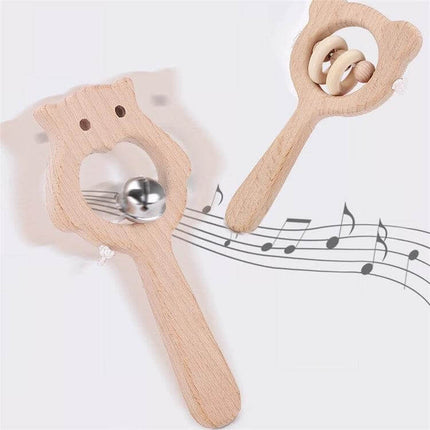 Baby Puzzle Wooden Rattle With Bear Bell For Babies - natural beech wood hand rattle 10x4.5cm for auditory development and hand-eye coordination