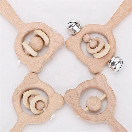 Baby Puzzle Wooden Rattle With Bear Bell For Babies - beech wood unpainted tactile rattle for auditory development and hand-eye coordination, 10x4.5cm