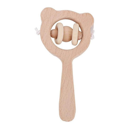 Baby Puzzle Wooden Rattle With Bear Bell For Babies - natural beech wood bear-shaped rattle for infant auditory and motor development