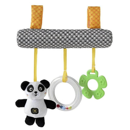 Baby Stroller Cartoon Animal Pendant Rattle for Nursery Use - panda plush, clear bead ring and green teether hanging from patterned bar for stroller or crib