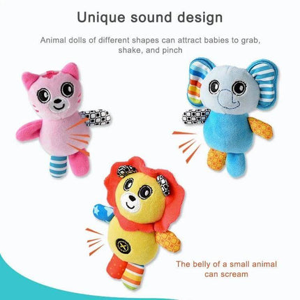 Baby Stroller Cartoon Animal Pendant Rattle for Nursery Use - trio of soft colorful animal rattles (lion, elephant, cat) for stroller or crib