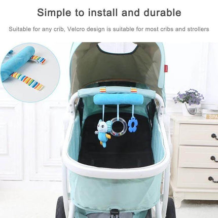 Baby Stroller Cartoon Animal Pendant Rattle for Nursery Use - blue plush hanging rattle attached to stroller bar, lightweight fabric toy