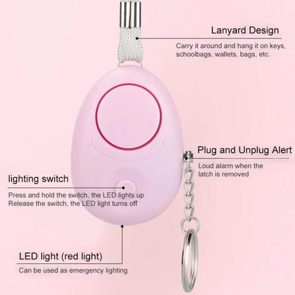 Portable Personal Safety Alarm with LED Light for Emergencies pink compact keychain with lanyard, LED light and plug-unplug loud alarm