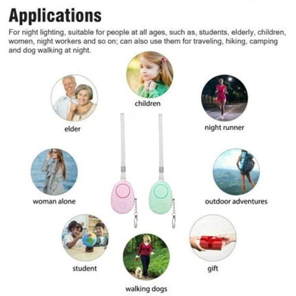 Portable Personal Safety Alarm with LED Light for Emergencies shown with users like children, night runner, elder, woman alone, students, walking dogs
