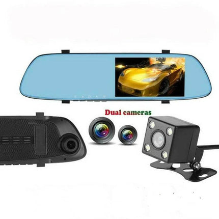 Anytek T22 Dual Lens Car Camera for Dashboard Recording showing mirrored dash monitor with front and rear cameras