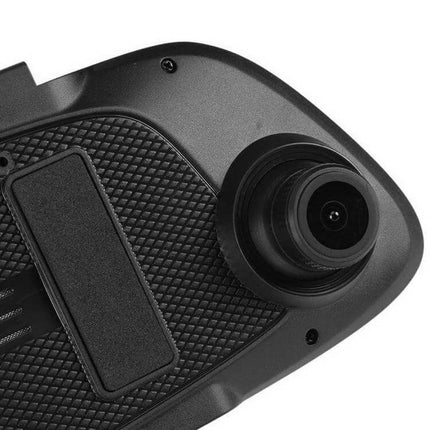 Anytek T22 Dual Lens Car Camera for Dashboard Recording showing close-up of front lens and textured rearview-mirror mount