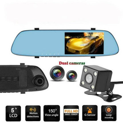 Anytek T22 Dual Lens Car Camera for Dashboard Recording shown as rearview mirror LCD with front and rear cameras capturing road footage
