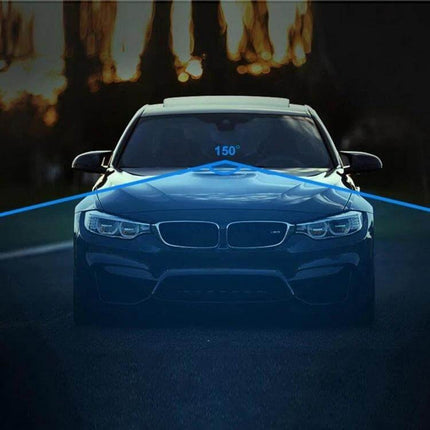 Anytek T22 Dual Lens Car Camera for Dashboard Recording showing 150° front view coverage mounted on rearview mirror of car