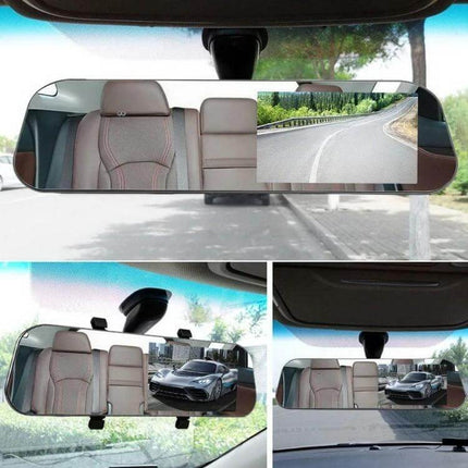 Anytek T22 Dual Lens Car Camera for Dashboard Recording mounted on rearview mirror showing front and rear views for road and parking evidence