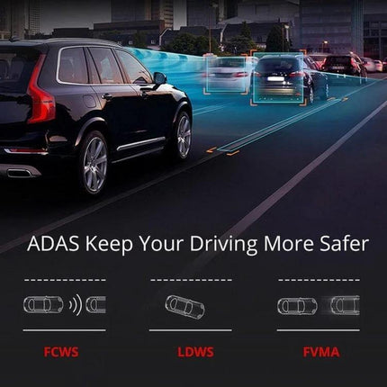 Anytek T22 Dual Lens Car Camera for Dashboard Recording showing ADAS features (FCWS, LDWS, FVMA) monitoring traffic and rearview coverage