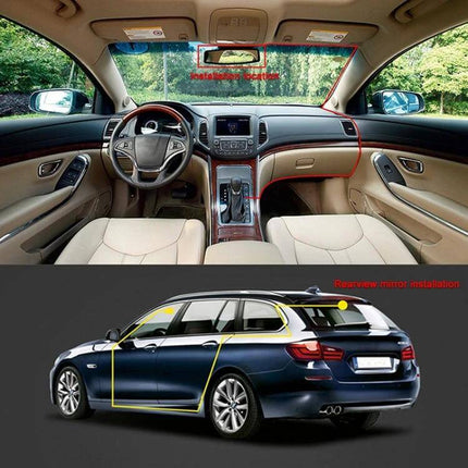 Anytek T22 Dual Lens Car Camera for Dashboard Recording mounted on rearview mirror showing front cabin and rearview coverage